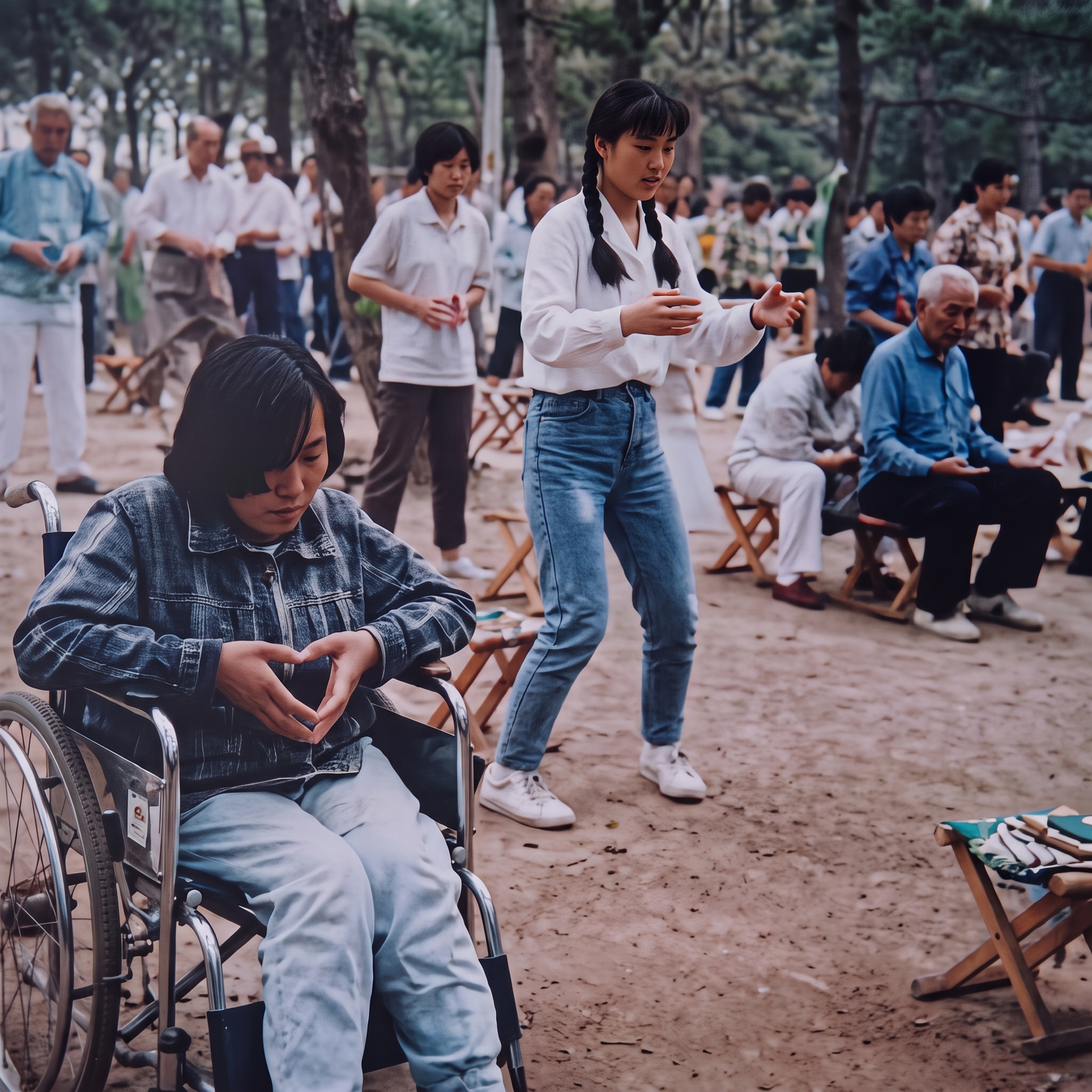 A group practising Zhineng Qigong outdoors at the Hua Xia Zhineng Qigong Center