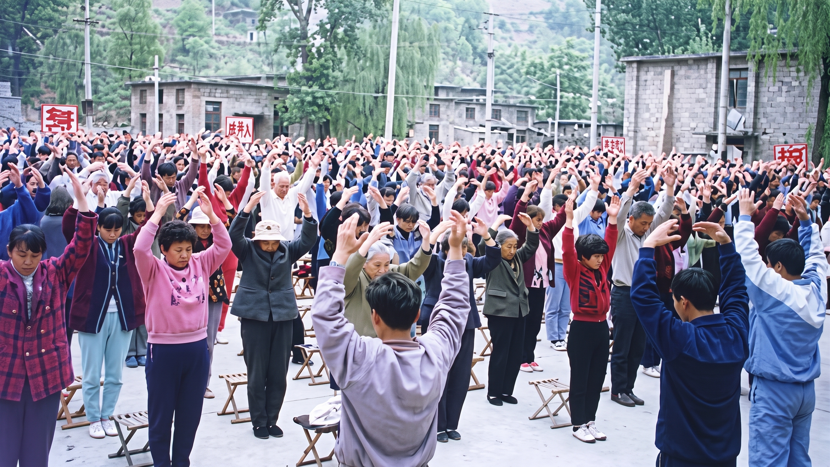 A group practising Zhineng Qigong together in a tranquil misty garden