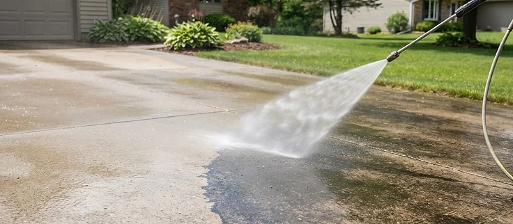 Pressure washing clearing dirt from a concrete driveway near Interlochen