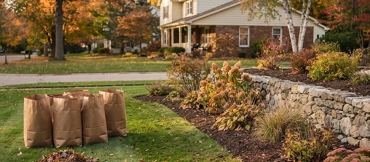 Raked autumn lawn with collected leaves bagged for fall cleanup near Interlochen