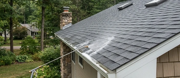 Roof with clean shingles after a low-pressure wash near Interlochen