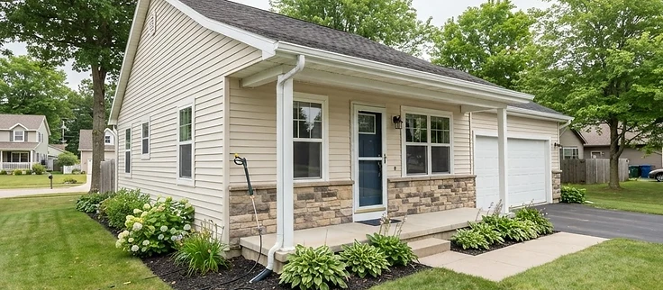 Low-pressure soft washing being applied to the siding of a single-story home near Interlochen