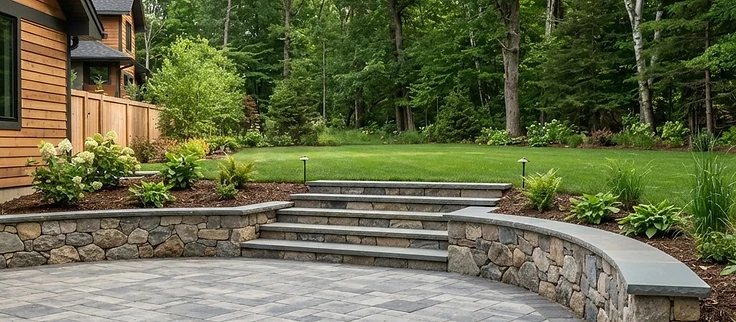 Newly built paver patio with a stone seat wall near Interlochen