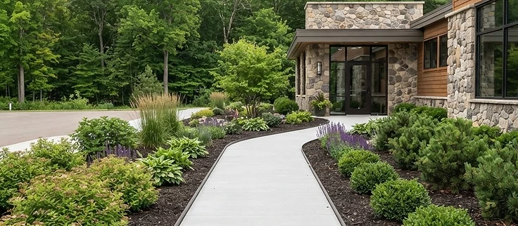 Manicured commercial property entrance with mulched beds and walkway near Interlochen