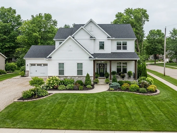 Soft washed siding and landscaped foundation beds at a home near Traverse City