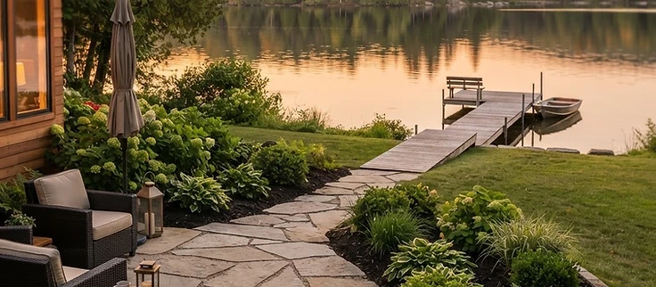 Landscaped stone patio and mulched garden beds at a home near Interlochen