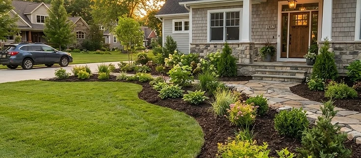Freshly landscaped front yard with mulched beds and shrubs near Interlochen