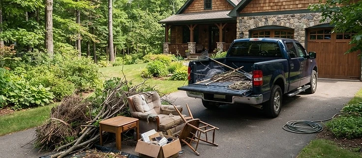 Yard waste and old items gathered for haul away from a property near Interlochen