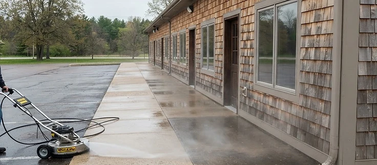 Pressure washing the sidewalk and facade of a commercial property near Interlochen