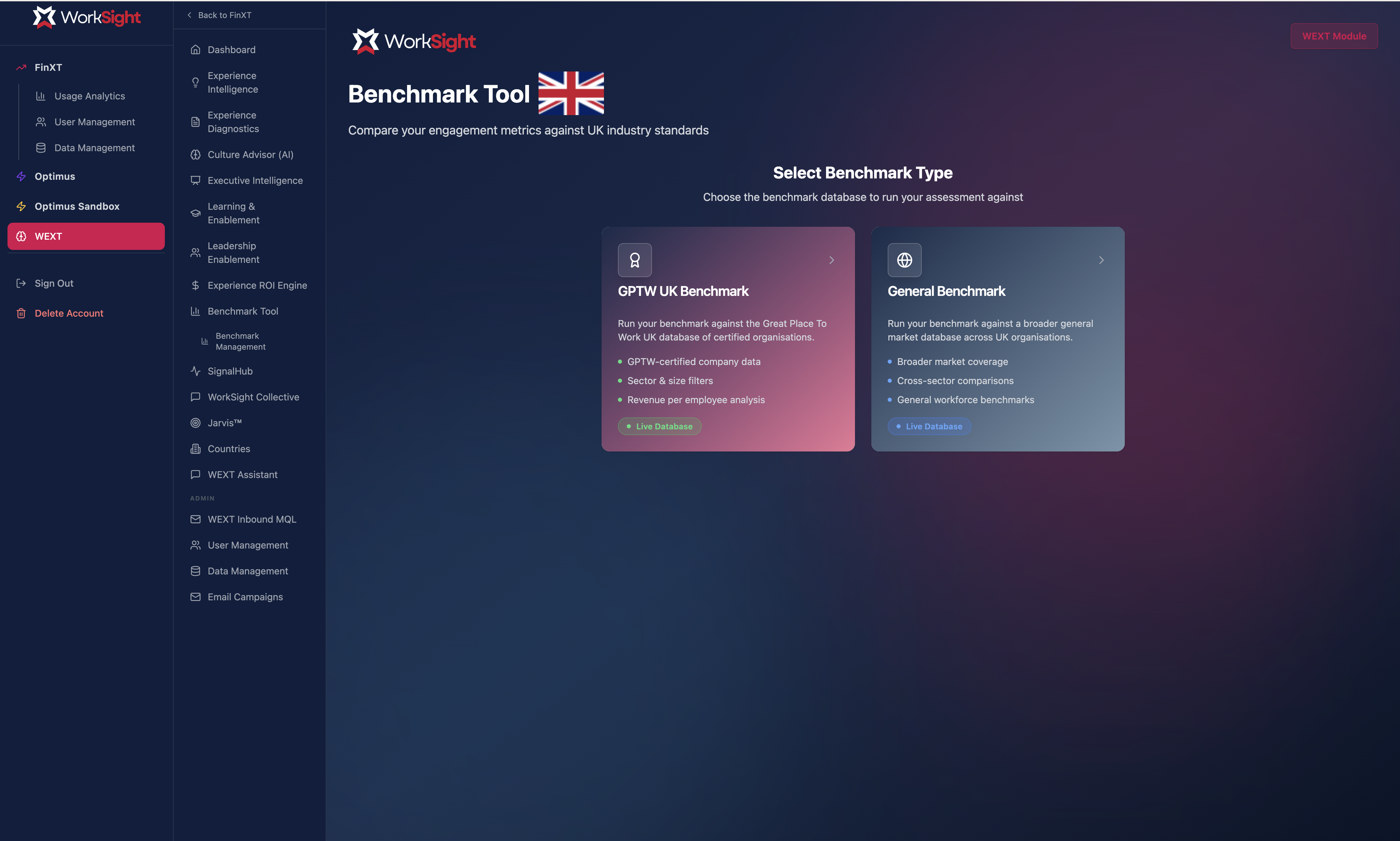 Benchmark Tool screen for choosing between GPTW UK and General benchmark databases