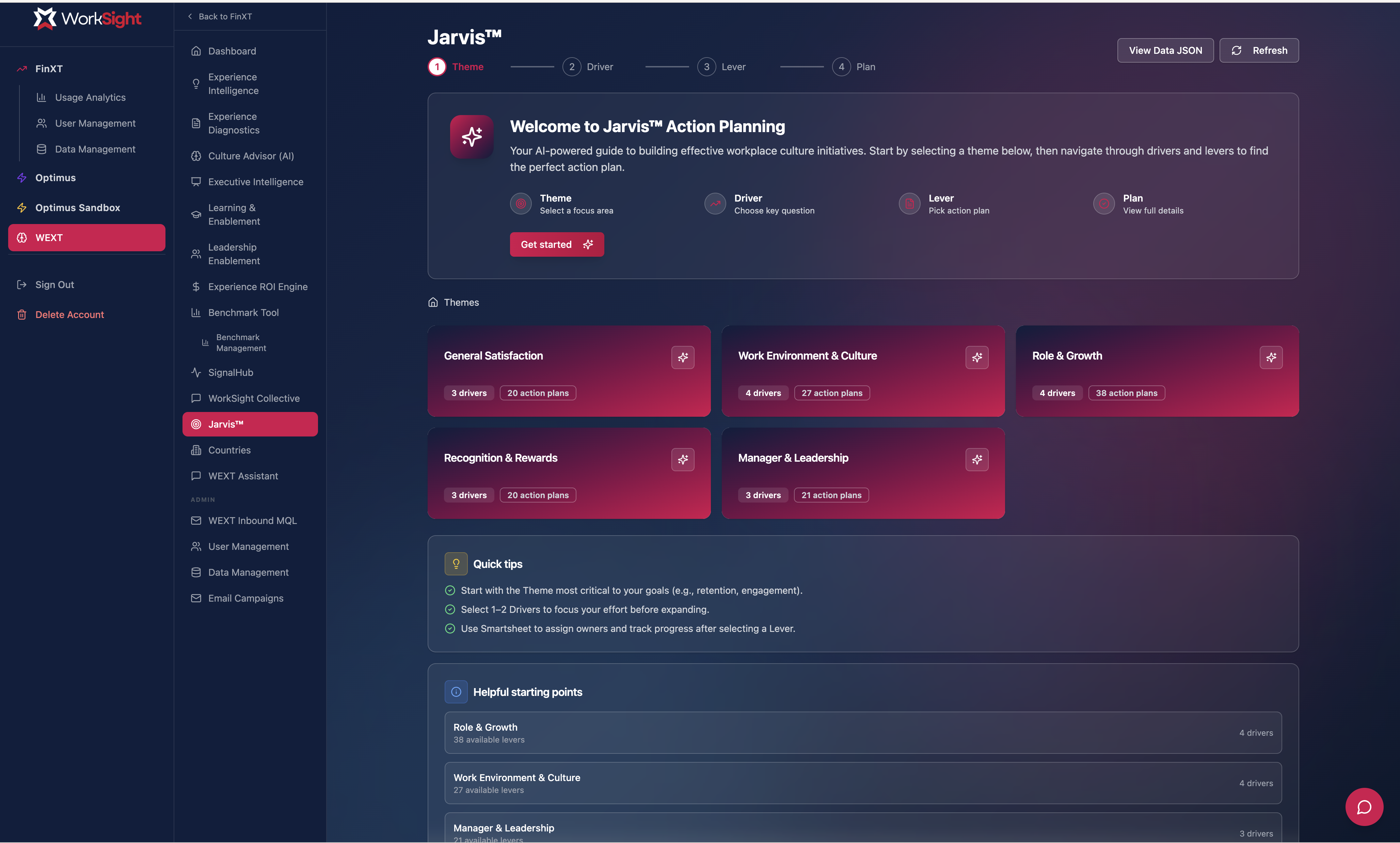 Jarvis action planning workflow with Theme, Driver, Lever and Plan steps and theme cards