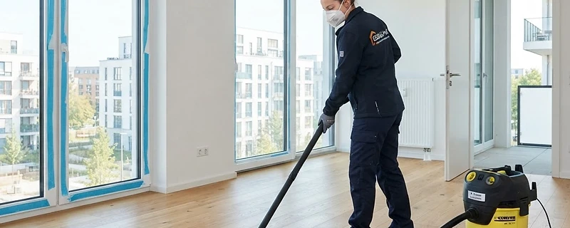 Bauendreinigung in einem Neubau: Reinigungskraft mit Bausauger der Staubklasse M auf neuem Parkett