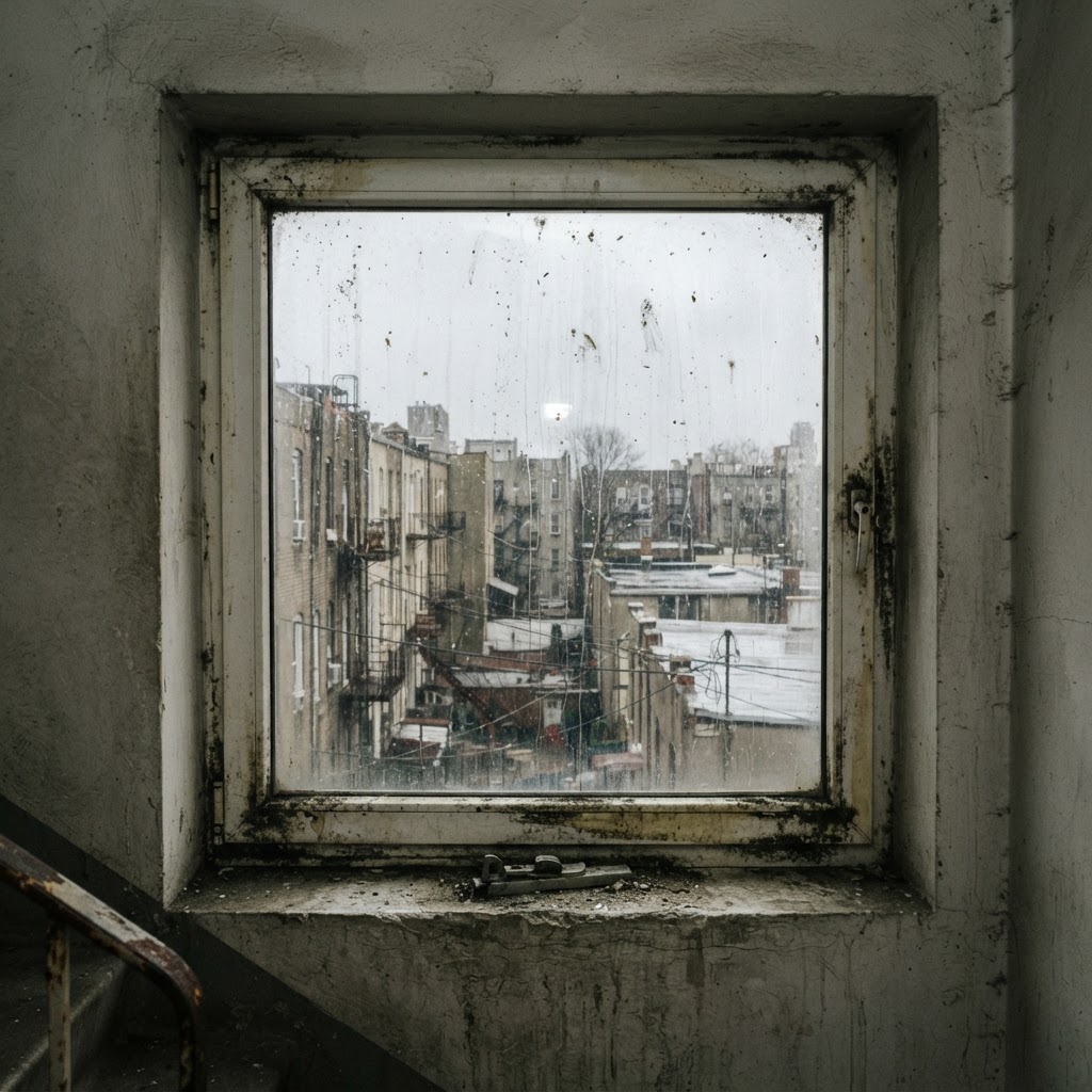 Treppenhausfenster mit Rahmen — vorher