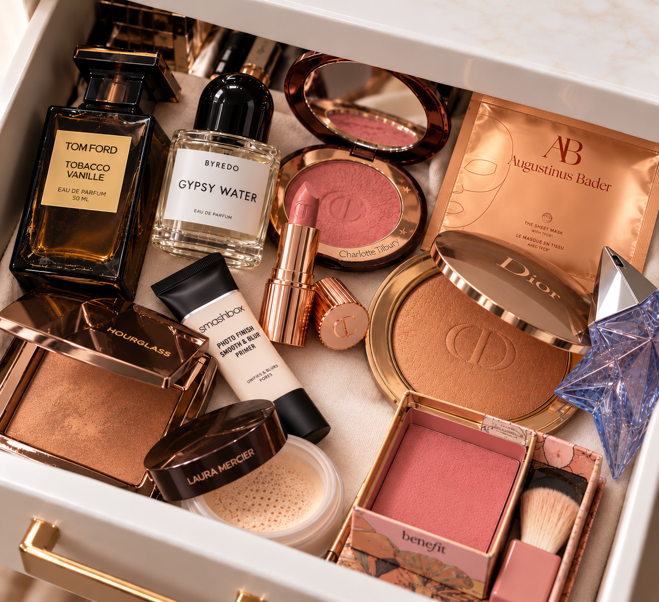A luxury beauty drawer of premium skincare, makeup and fragrance — swap, buy, sell, love