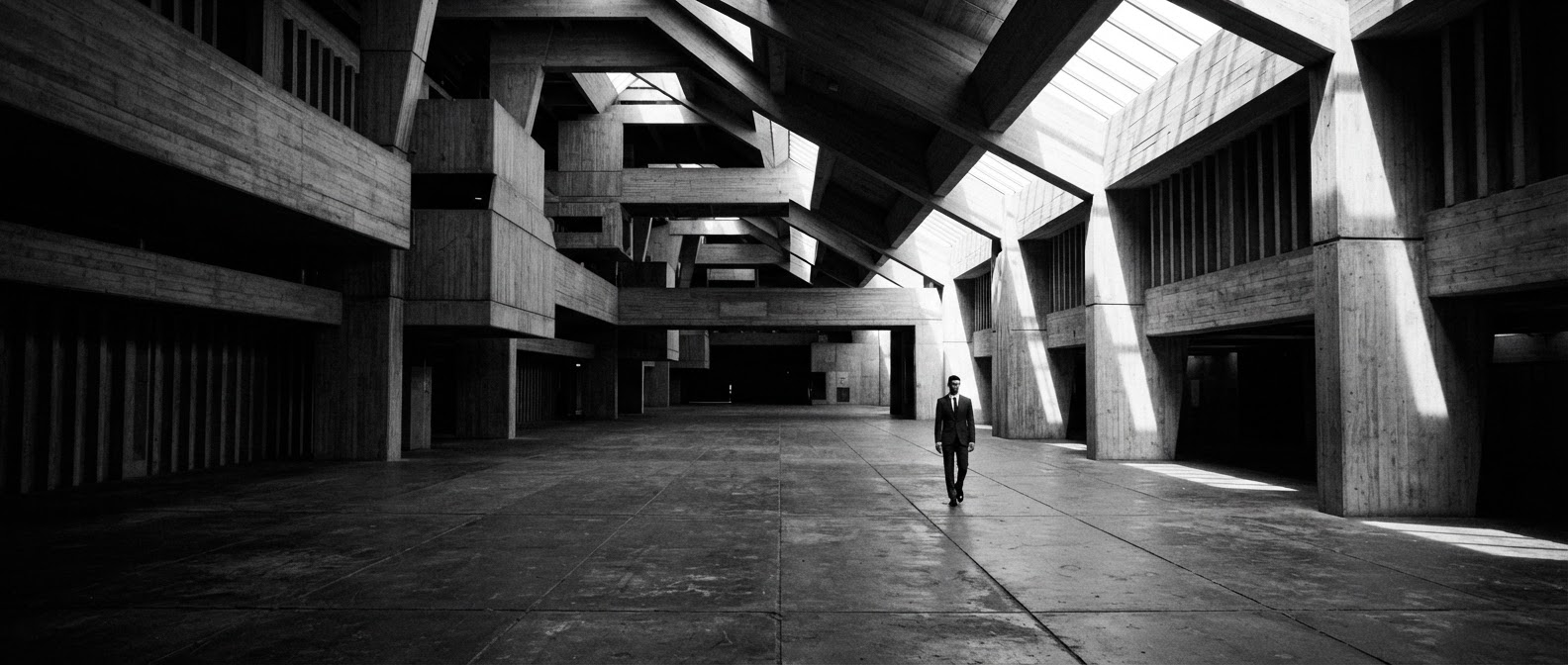 Solitary figure in dark tailored menswear inside a vast concrete space