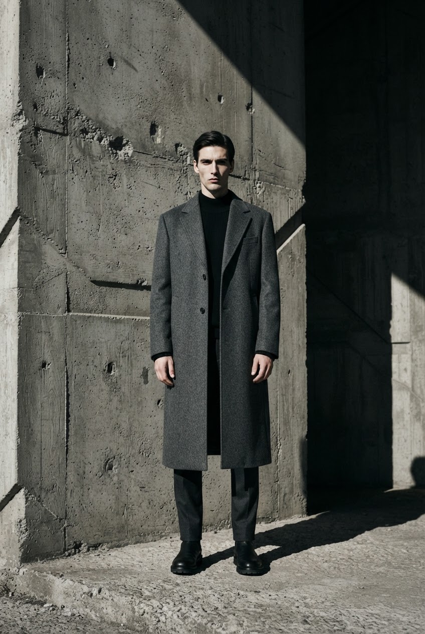 Model in a charcoal wool overcoat against a brutalist concrete wall