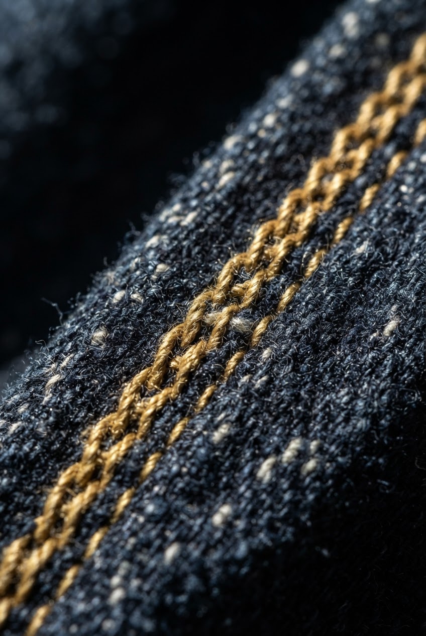 Macro detail of indigo denim weave and stitching