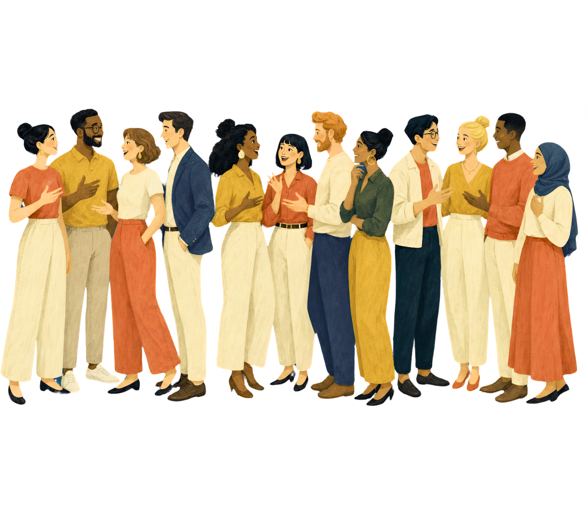 A diverse group of people in conversation, learning languages together