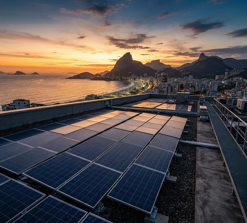 Painéis solares fotovoltaicos com o Pão de Açúcar e a baía do Rio de Janeiro ao pôr do sol