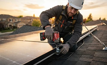 Profissional instalando painéis solares em telhado residencial
