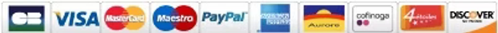 Moyens de paiement acceptés : CB, Visa, MasterCard, Maestro, PayPal, American Express, Aurore, Cofinoga, 4étoiles, Discover