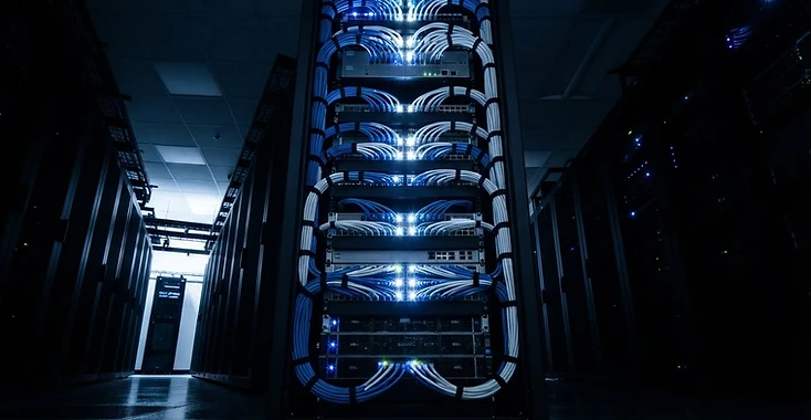 Organized commercial server rack and cabling infrastructure