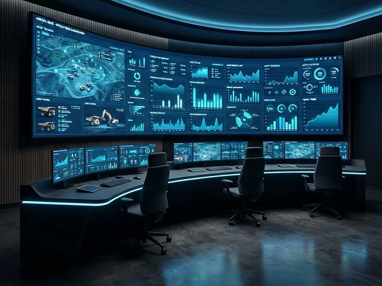 Mining operations control room with blue and cyan dashboards