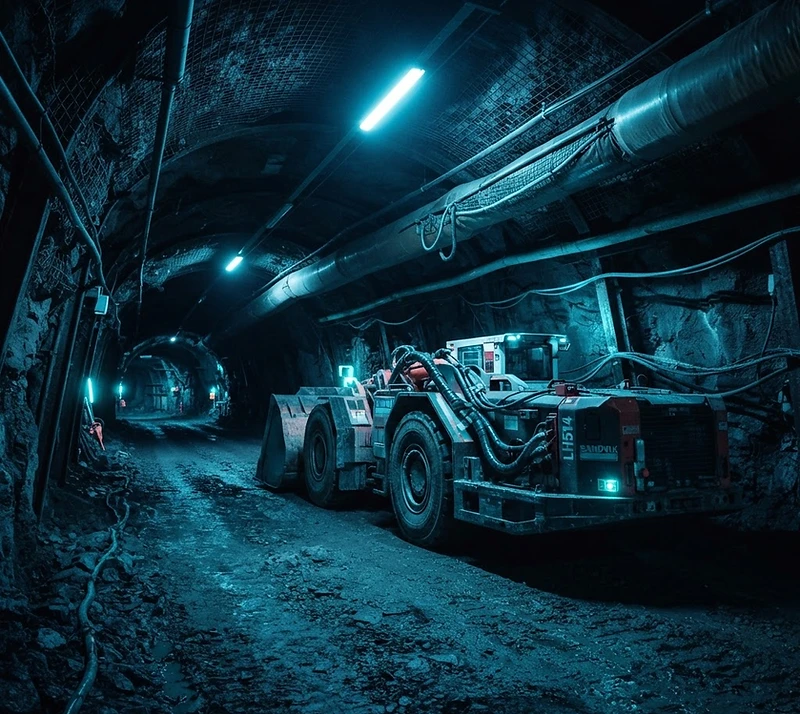 Underground mine tunnel illuminated by blue and cyan lighting