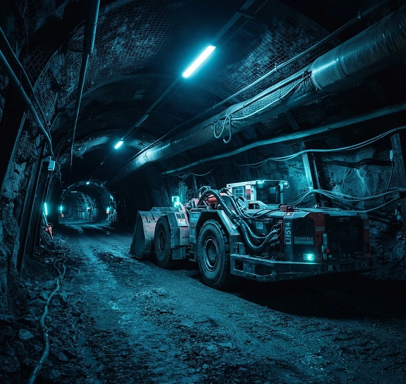 Underground mine tunnel illuminated by blue and cyan lighting