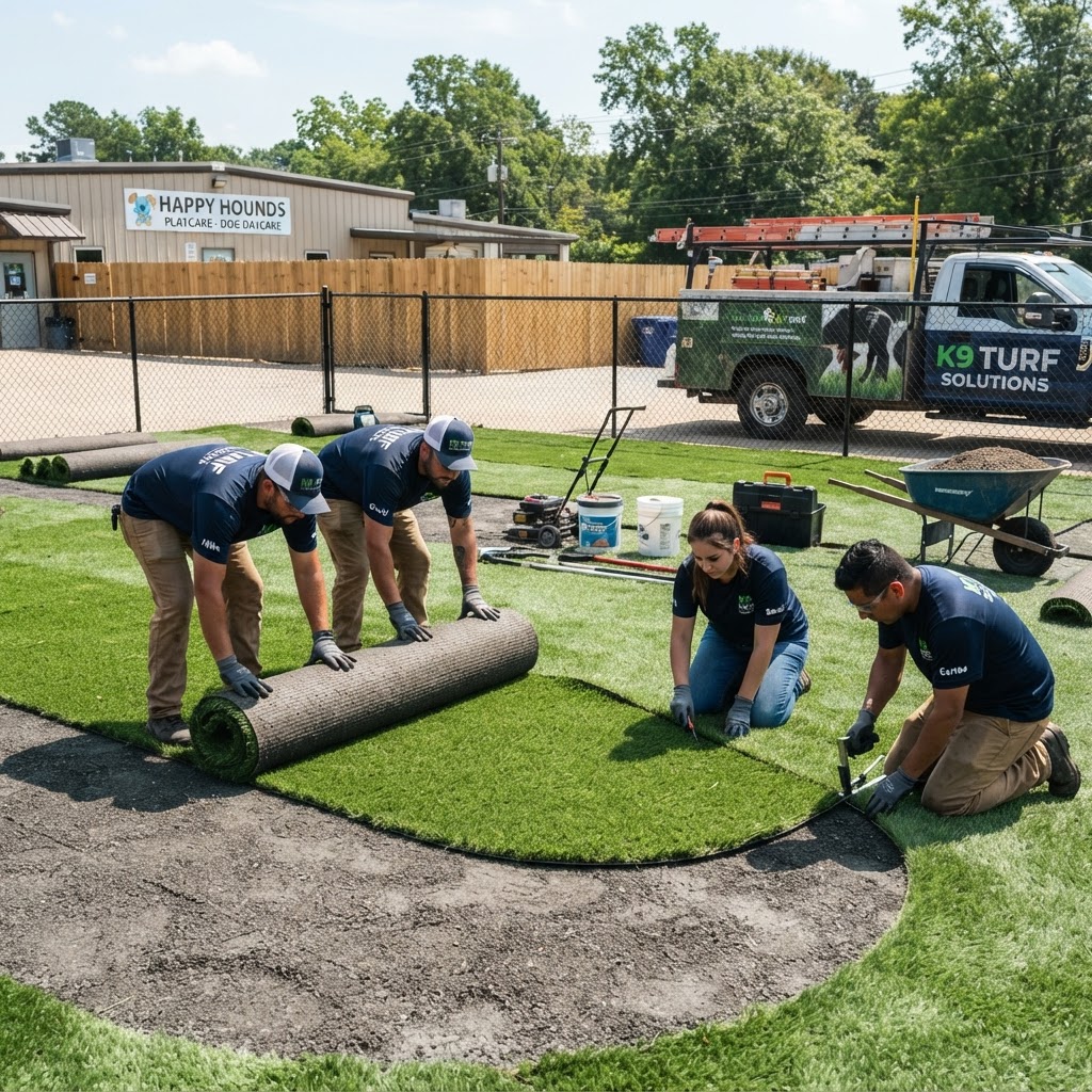 Local licensed installation crew installing artificial pet turf at a commercial dog daycare