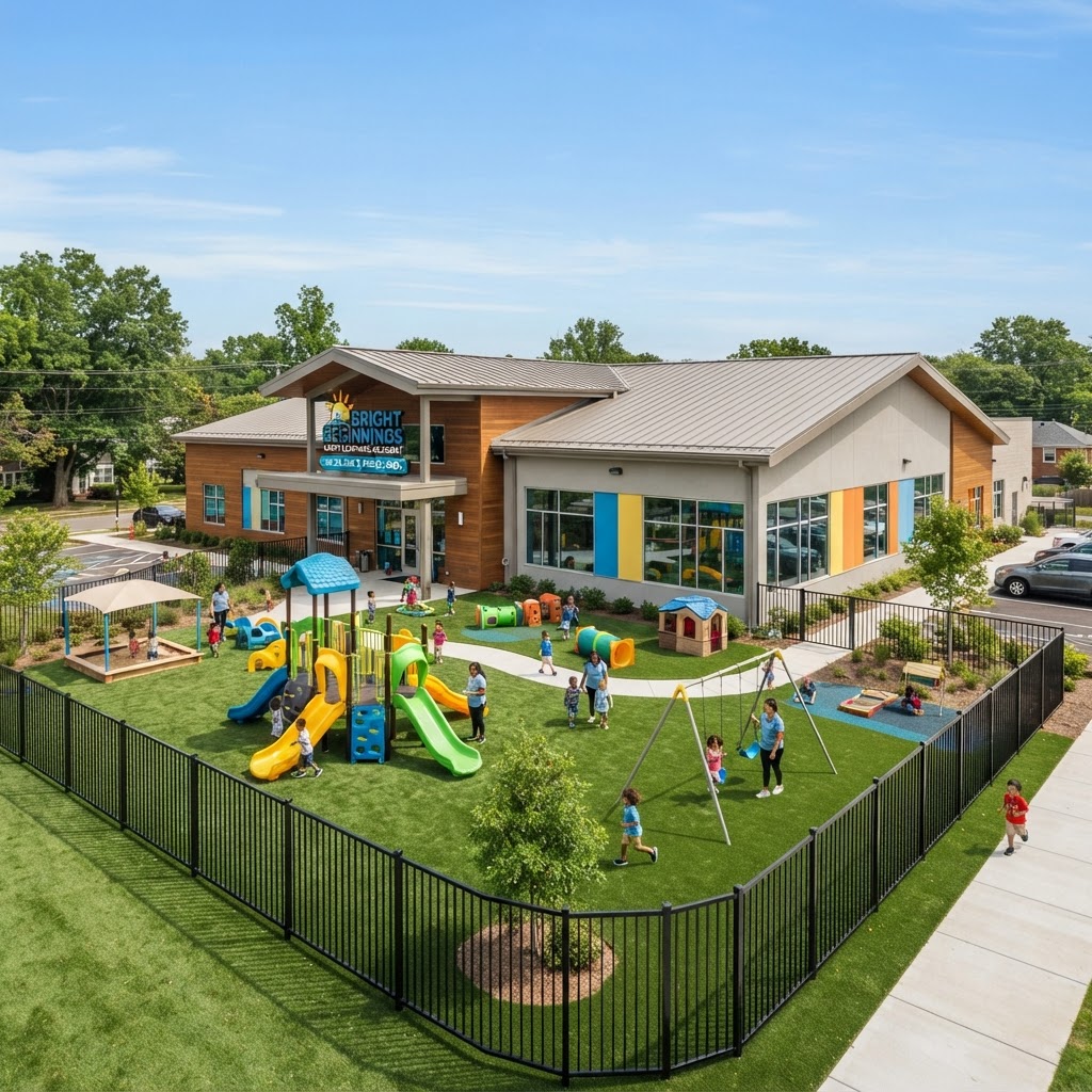 Modern childcare center facility exterior with large artificial turf play yard and fenced playground