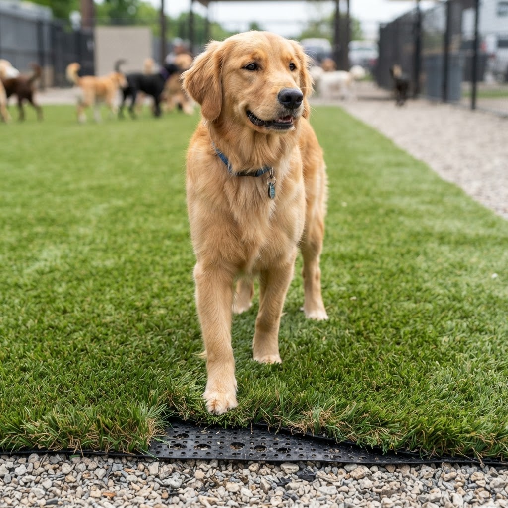 Close-up of durable commercial artificial pet turf surface with a dog standing on it