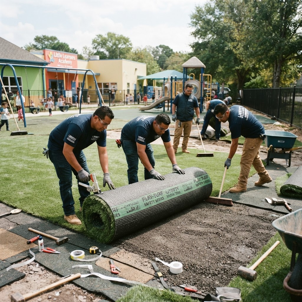 Local licensed installation crew installing artificial play turf at a commercial childcare center