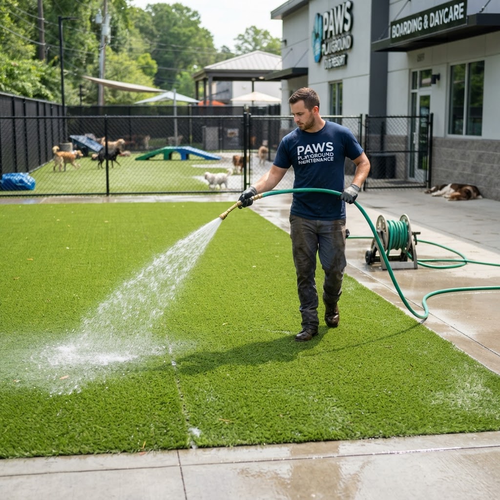 Maintenance staff hosing down and cleaning artificial pet turf at a commercial dog daycare