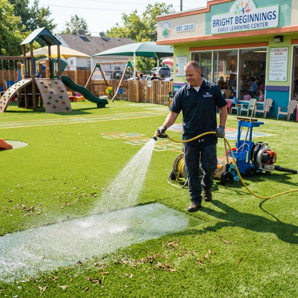 Maintenance staff rinsing and cleaning artificial play turf at a commercial childcare center