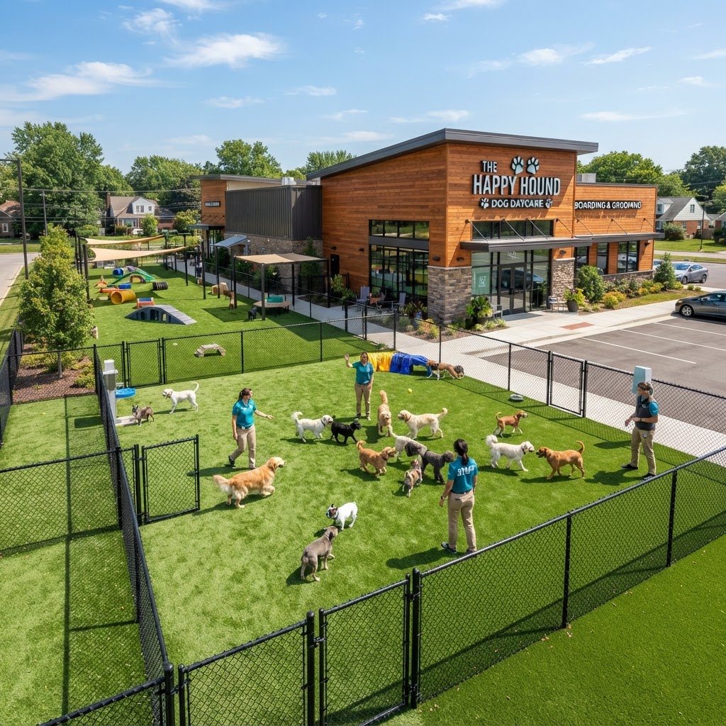 Modern dog daycare facility exterior with large artificial turf play yard and fenced runs