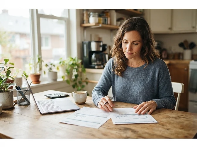 Woman comparing health plan information at a table while reviewing different costs and coverage details.