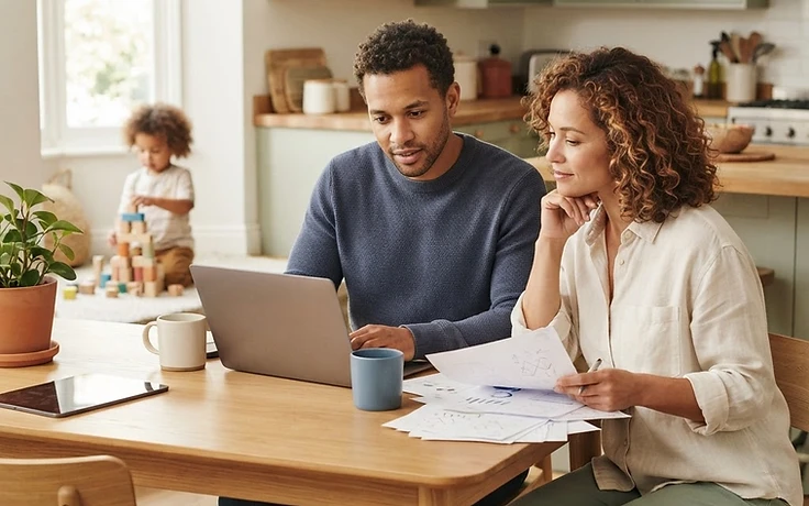 Parents reviewing health plan information together at a table while their child plays nearby.