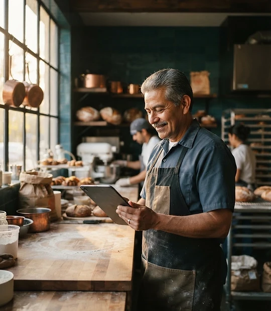 Business owner reviewing payroll calmly