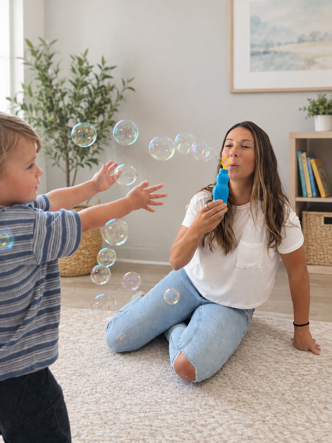 Jeni blowing bubbles with a child during a playful therapy moment