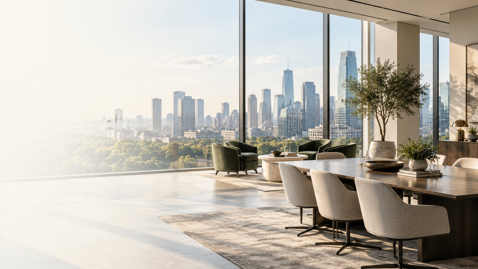 Executive lounge with skyline view through floor-to-ceiling windows
