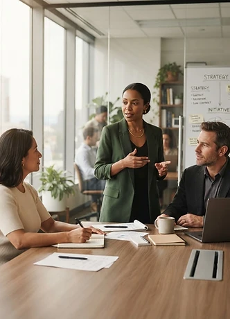 Professionals collaborating in a thoughtful workplace working session