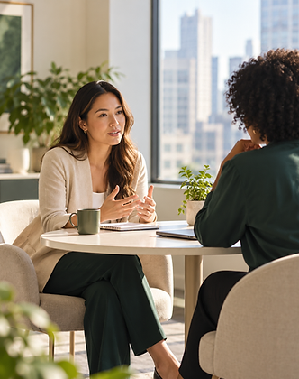 Two professionals in a candid workplace conversation