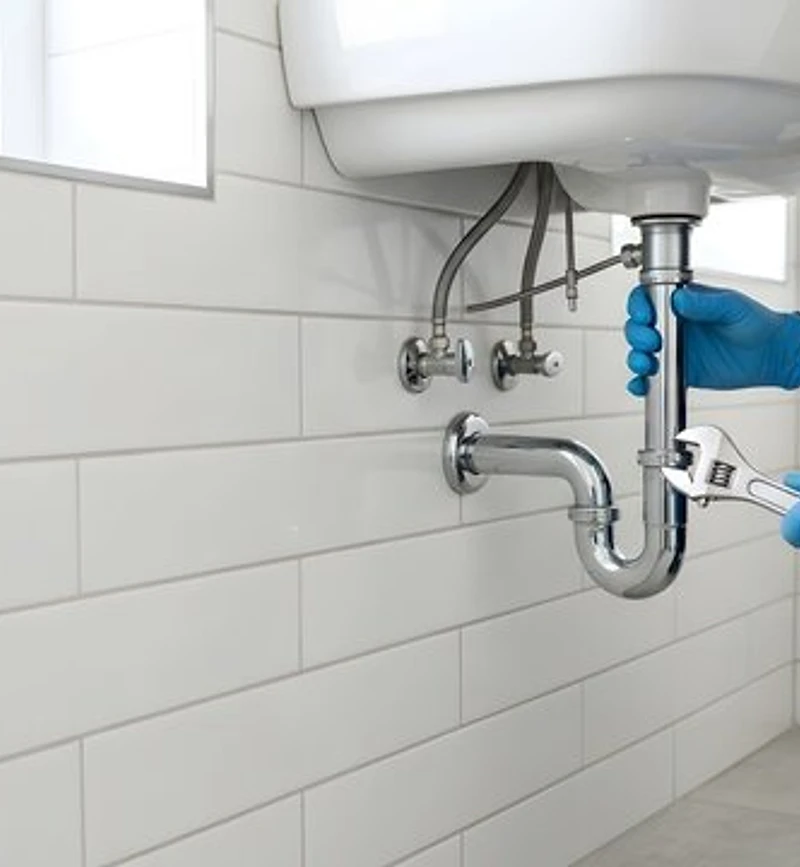 Plumber tightening a chrome P-trap beneath a white bathroom sink