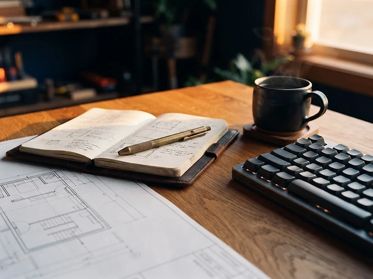 A craftsman's desk with business tools lit by warm golden-hour light
