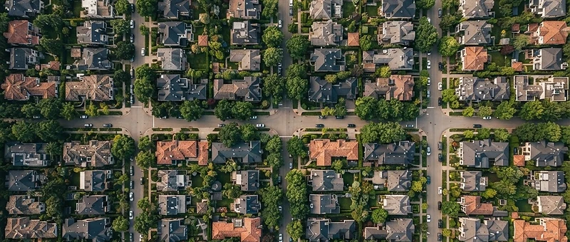 Aerial neighborhood grid with tree-lined streets