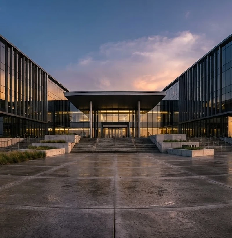 Pristine modern commercial facility at golden hour