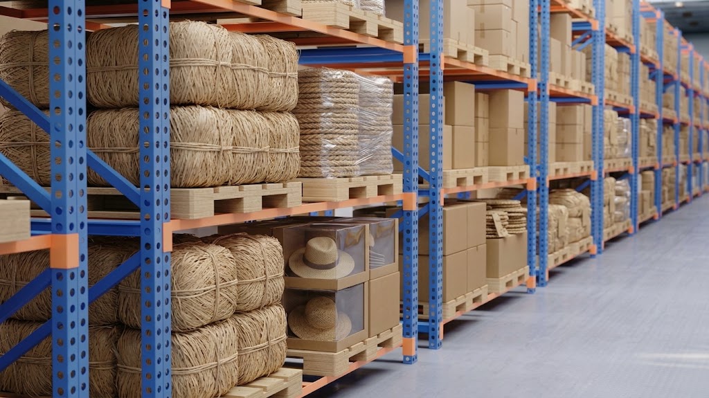 Raffia bundles in a sun-lit Malagasy warehouse