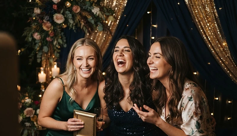 Wedding guests enjoying a photo booth