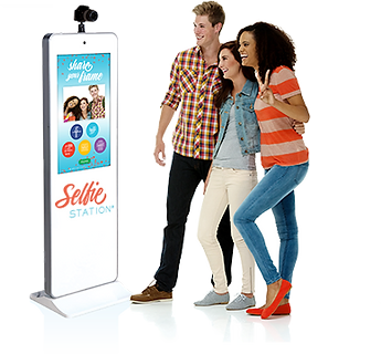 Selfie Station Pro photo booth kiosk with touchscreen and DSLR camera
